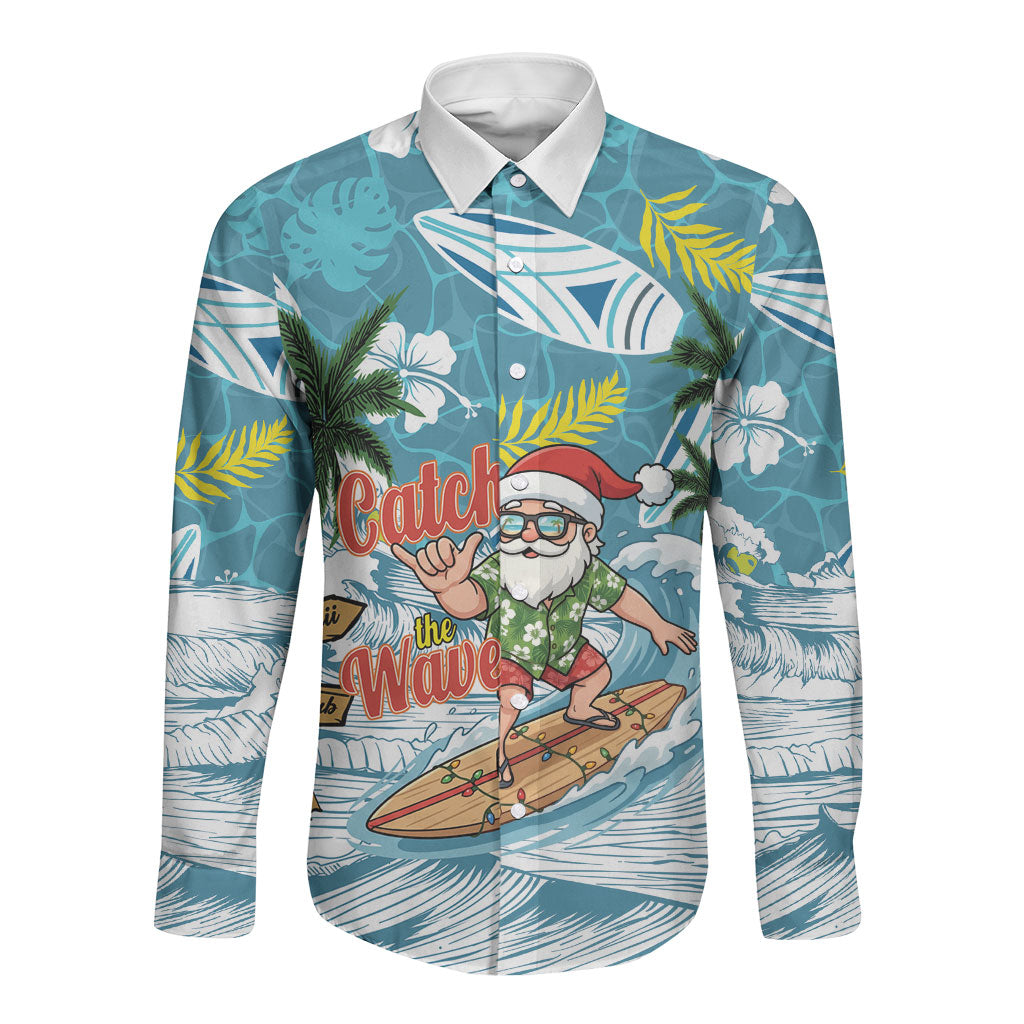 Hawaii Summer Christmas Long Sleeve Button Shirt Surfing Santa Shaka Catch The Wave LT14 Unisex Teal - Polynesian Pride