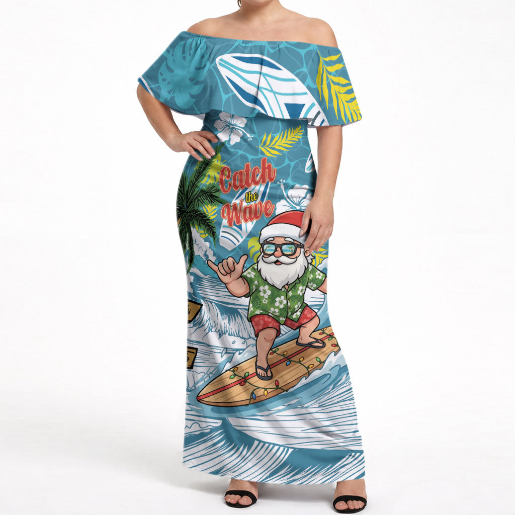 Hawaii Summer Christmas Off Shoulder Maxi Dress Surfing Santa Shaka Catch The Wave LT14 Women Teal - Polynesian Pride