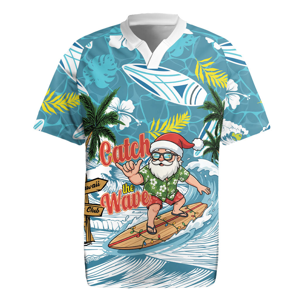 Hawaii Summer Christmas Rugby Jersey Surfing Santa Shaka Catch The Wave