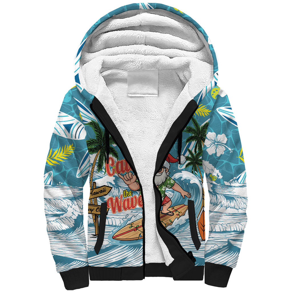 Hawaii Summer Christmas Sherpa Hoodie Surfing Santa Shaka Catch The Wave LT14 Unisex Teal - Polynesian Pride