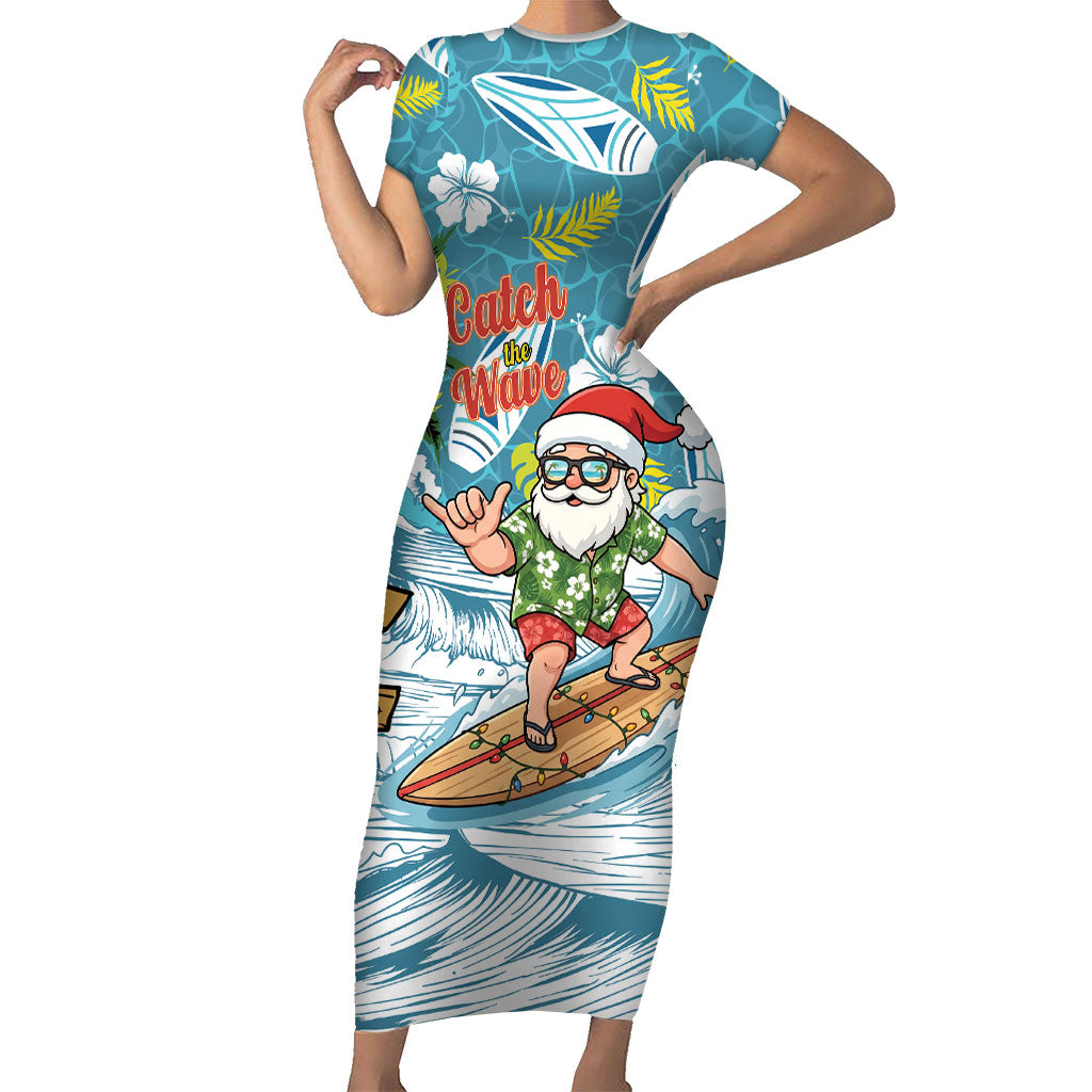 Hawaii Summer Christmas Short Sleeve Bodycon Dress Surfing Santa Shaka Catch The Wave