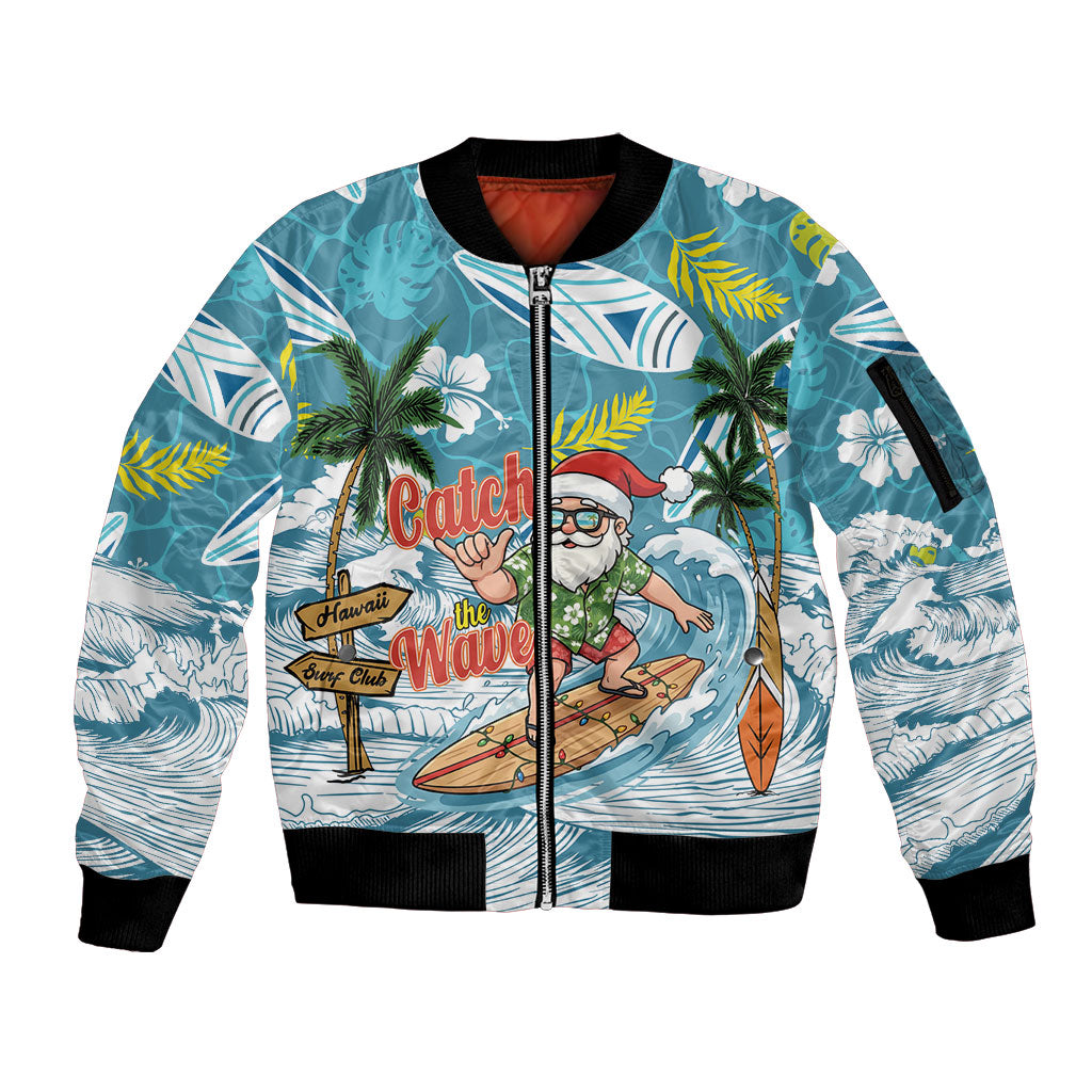 Hawaii Summer Christmas Sleeve Zip Bomber Jacket Surfing Santa Shaka Catch The Wave LT14 Unisex Teal - Polynesian Pride