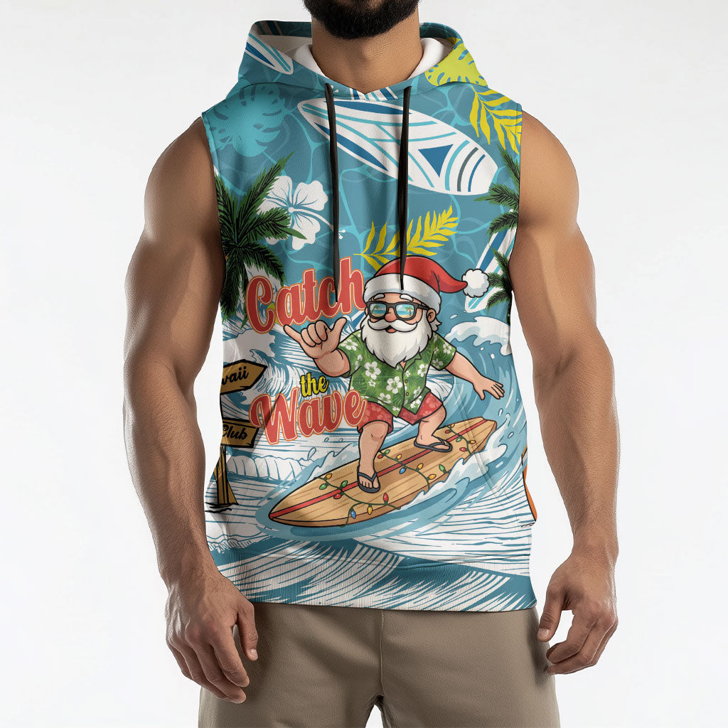 Hawaii Summer Christmas Sleeveless Hoodie Surfing Santa Shaka Catch The Wave