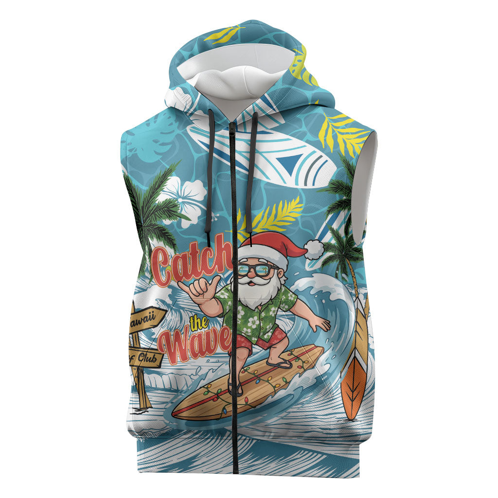 Hawaii Summer Christmas Sleeveless Zip Hoodie Surfing Santa Shaka Catch The Wave