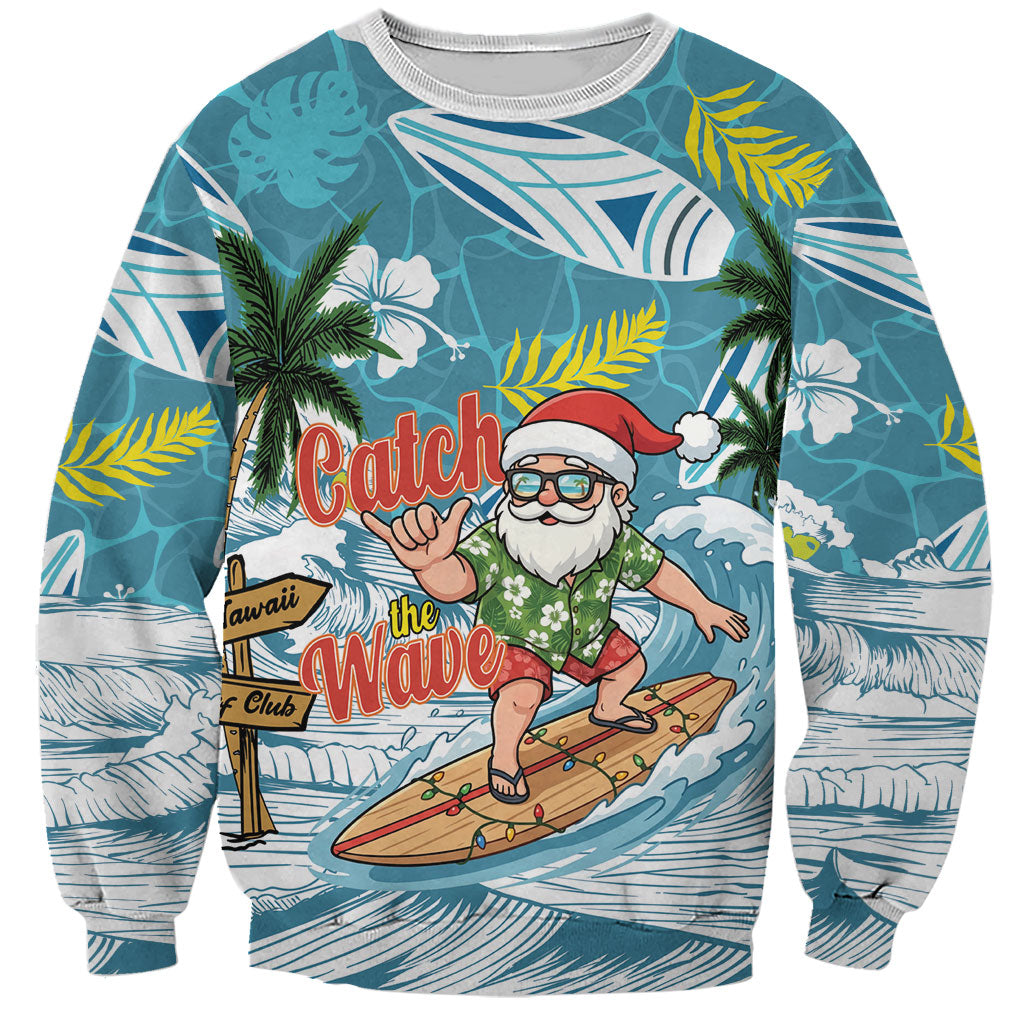 Hawaii Summer Christmas Sweatshirt Surfing Santa Shaka Catch The Wave