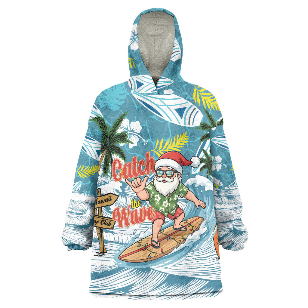 Hawaii Summer Christmas Wearable Blanket Hoodie Surfing Santa Shaka Catch The Wave LT14 One Size Teal - Polynesian Pride