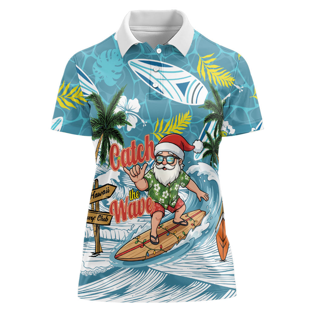 Hawaii Summer Christmas Women Polo Shirt Surfing Santa Shaka Catch The Wave