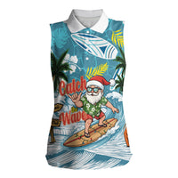 Hawaii Summer Christmas Women Sleeveless Polo Shirt Surfing Santa Shaka Catch The Wave LT14 Female Teal - Polynesian Pride