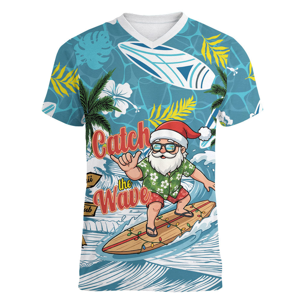 Hawaii Summer Christmas Women V-Neck T-Shirt Surfing Santa Shaka Catch The Wave LT14 Female Teal - Polynesian Pride