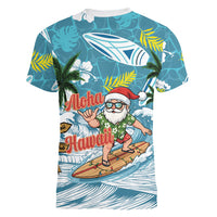 Hawaii Summer Christmas Women V-Neck T-Shirt Surfing Santa Shaka Catch The Wave LT14 - Polynesian Pride
