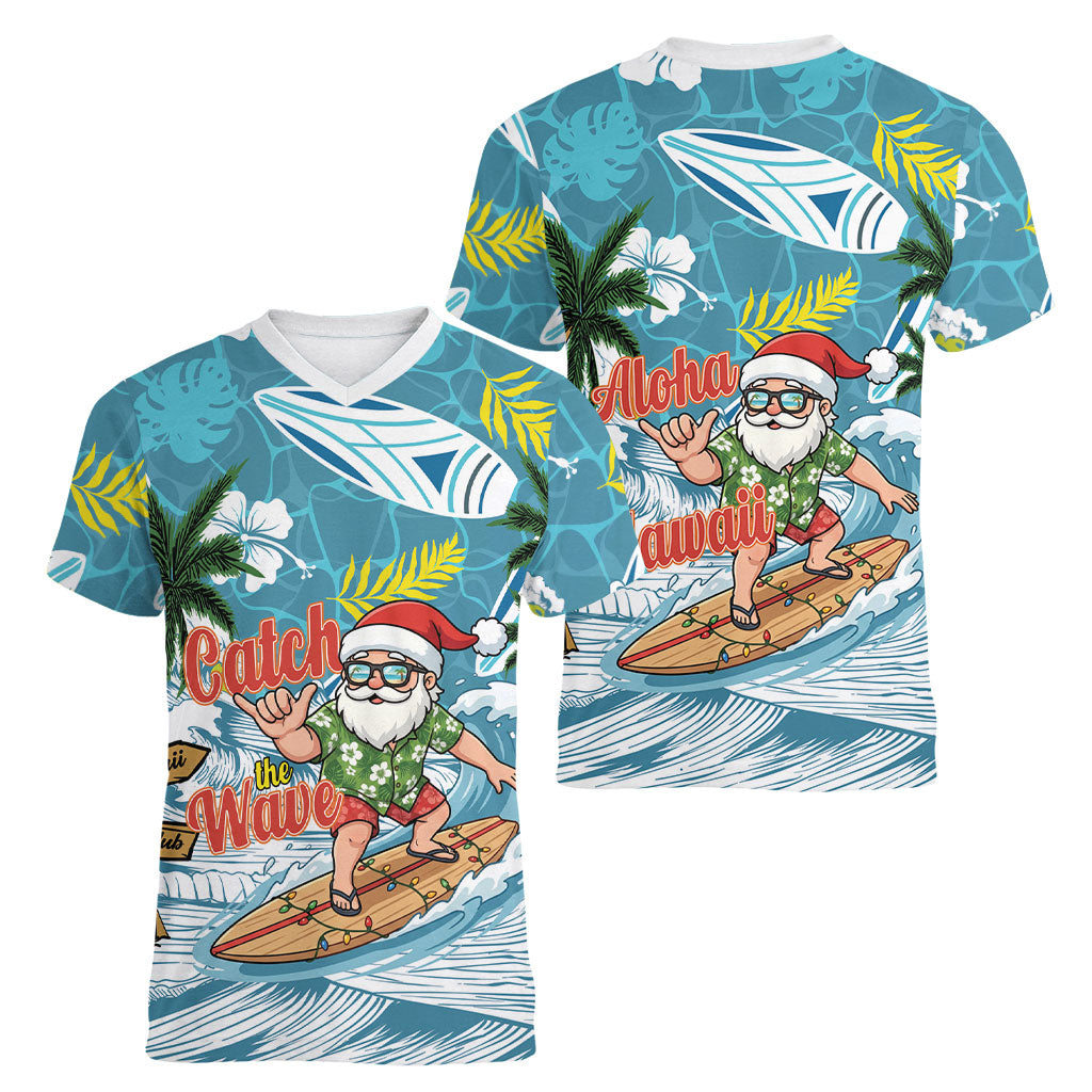 Hawaii Summer Christmas Women V-Neck T-Shirt Surfing Santa Shaka Catch The Wave LT14 - Polynesian Pride