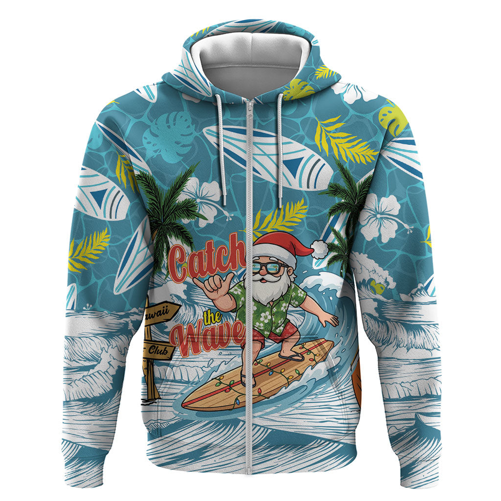 Hawaii Summer Christmas Zip Hoodie Surfing Santa Shaka Catch The Wave LT14 Zip Hoodie Teal - Polynesian Pride