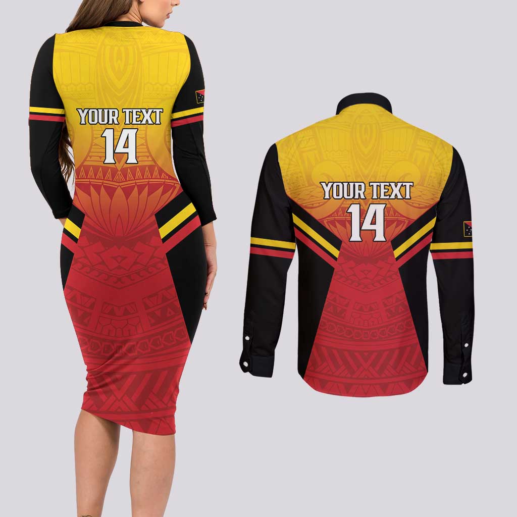 Papua New Guinea Rugby Custom Couples Matching Long Sleeve Bodycon Dress and Long Sleeve Button Shirt Go PNG Hunters Polynesian Pattern - Polynesian Pride
