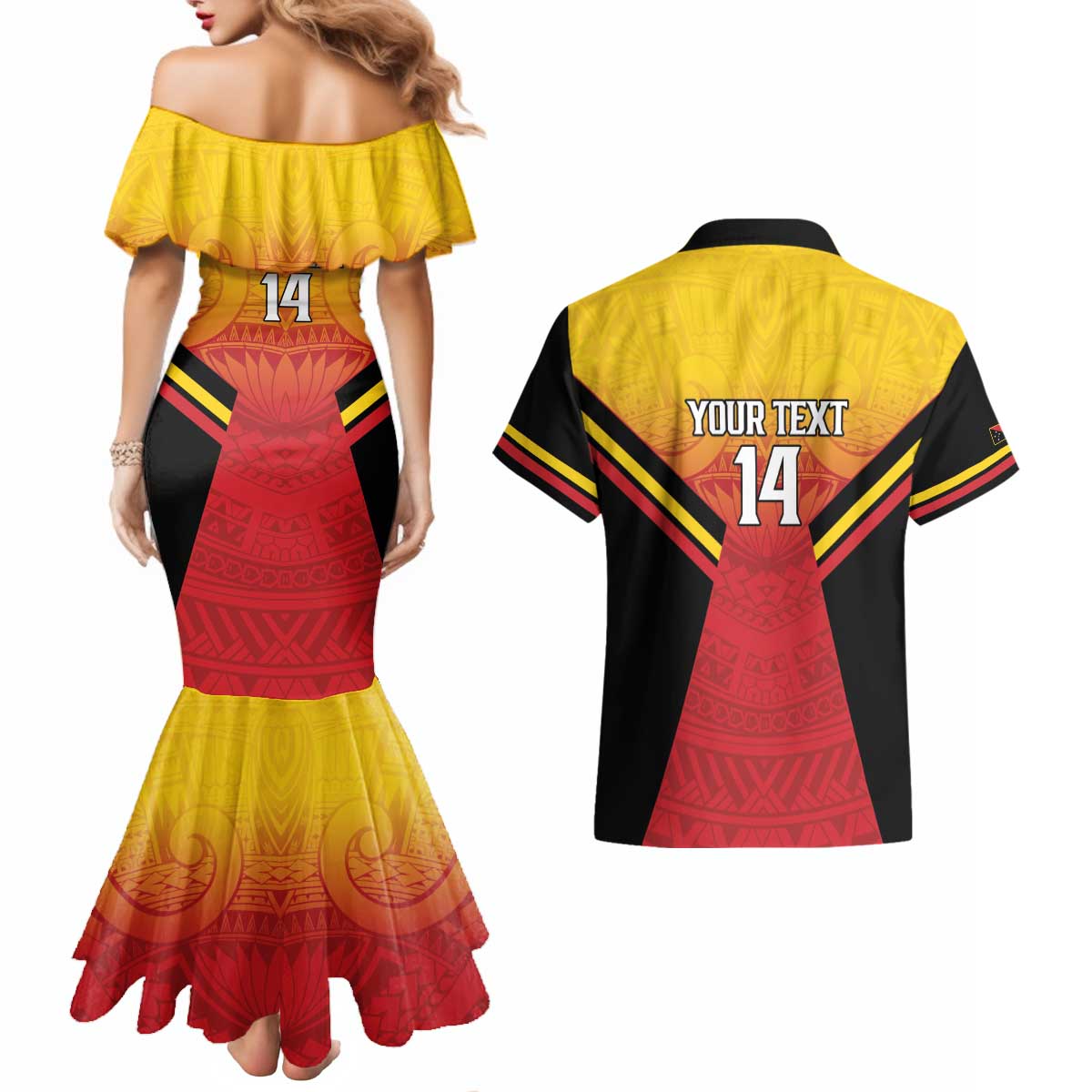 Papua New Guinea Rugby Custom Couples Matching Mermaid Dress and Hawaiian Shirt Go PNG Hunters Polynesian Pattern - Polynesian Pride