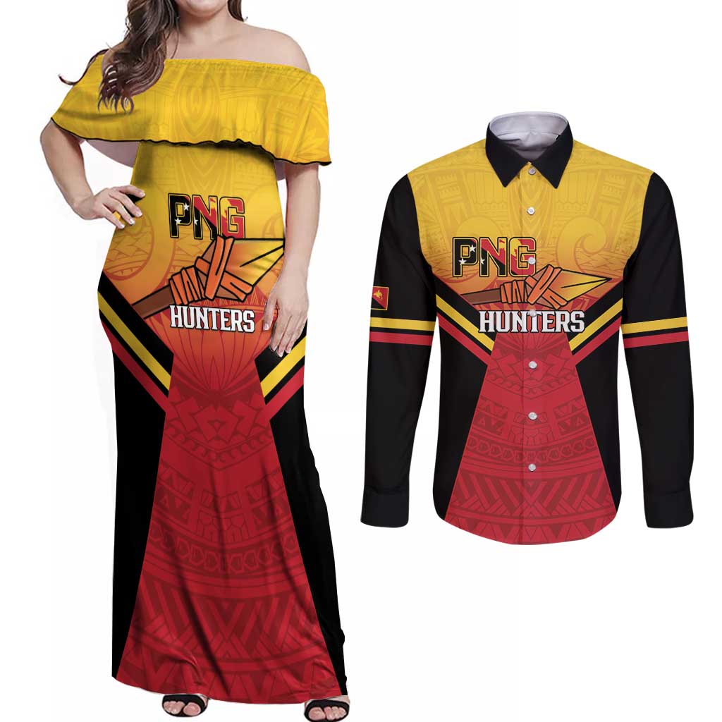 Papua New Guinea Rugby Custom Couples Matching Off Shoulder Maxi Dress and Long Sleeve Button Shirt Go PNG Hunters Polynesian Pattern LT14 Red - Polynesian Pride
