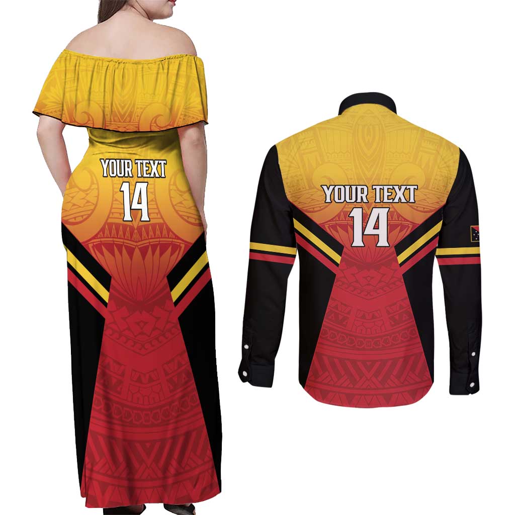 Papua New Guinea Rugby Custom Couples Matching Off Shoulder Maxi Dress and Long Sleeve Button Shirt Go PNG Hunters Polynesian Pattern LT14 - Polynesian Pride