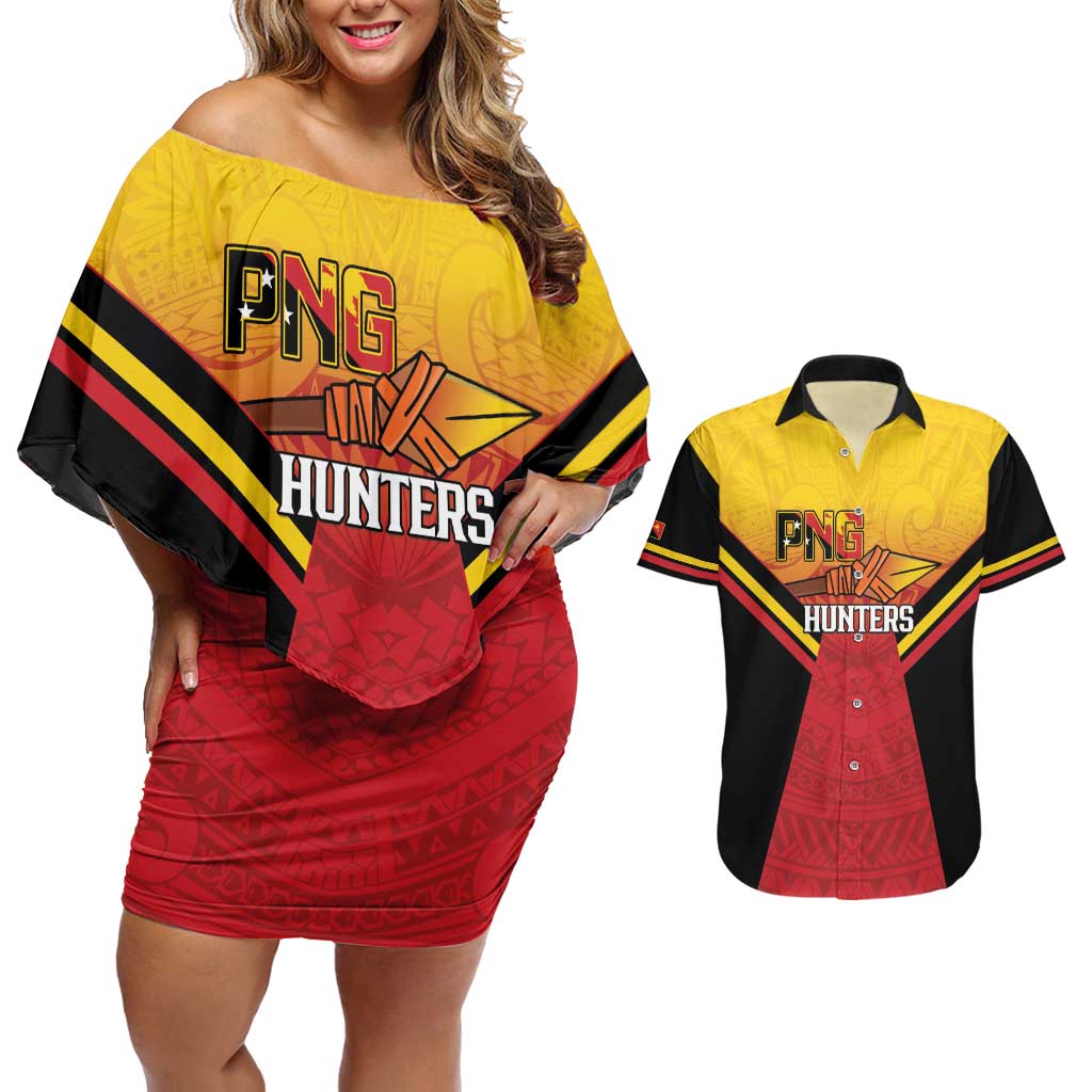 Papua New Guinea Rugby Custom Couples Matching Off Shoulder Short Dress and Hawaiian Shirt Go PNG Hunters Polynesian Pattern LT14 Red - Polynesian Pride