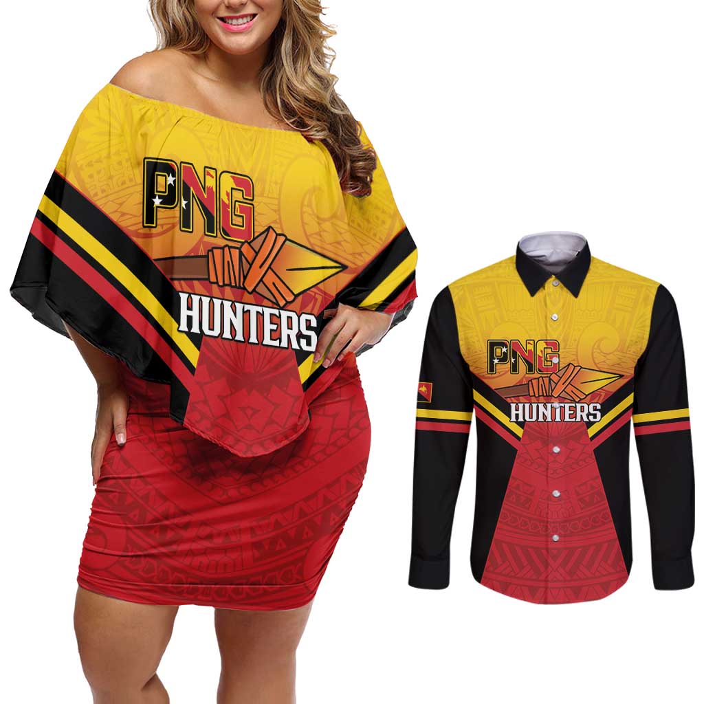 Papua New Guinea Rugby Custom Couples Matching Off Shoulder Short Dress and Long Sleeve Button Shirt Go PNG Hunters Polynesian Pattern LT14 Red - Polynesian Pride