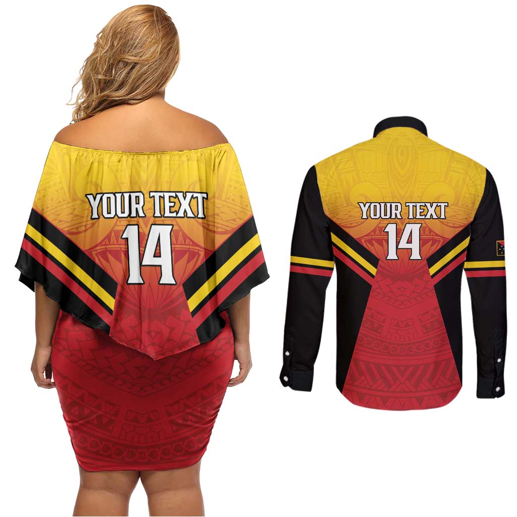 Papua New Guinea Rugby Custom Couples Matching Off Shoulder Short Dress and Long Sleeve Button Shirt Go PNG Hunters Polynesian Pattern LT14 - Polynesian Pride