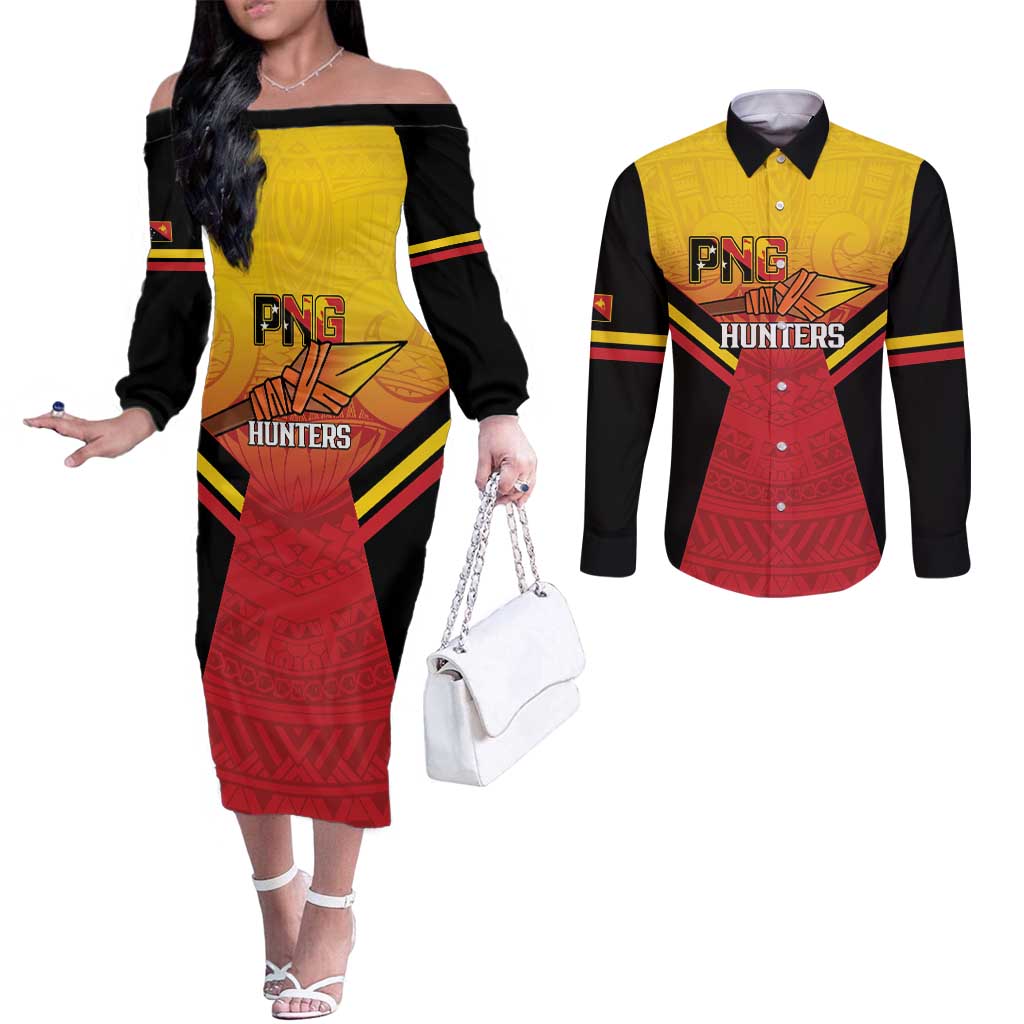Papua New Guinea Rugby Custom Couples Matching Off The Shoulder Long Sleeve Dress and Long Sleeve Button Shirt Go PNG Hunters Polynesian Pattern - Polynesian Pride