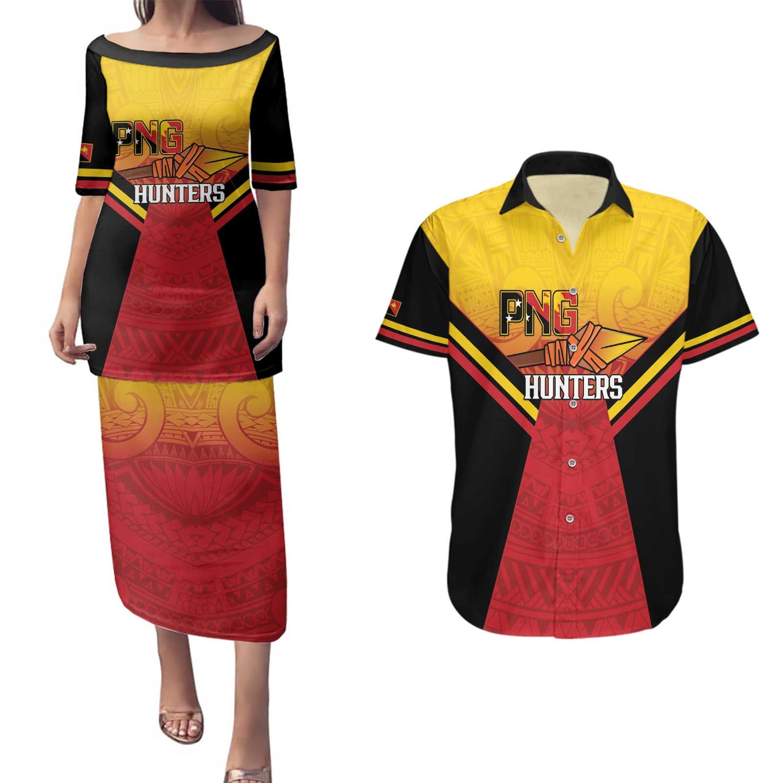 Papua New Guinea Rugby Custom Couples Matching Puletasi and Hawaiian Shirt Go PNG Hunters Polynesian Pattern - Polynesian Pride