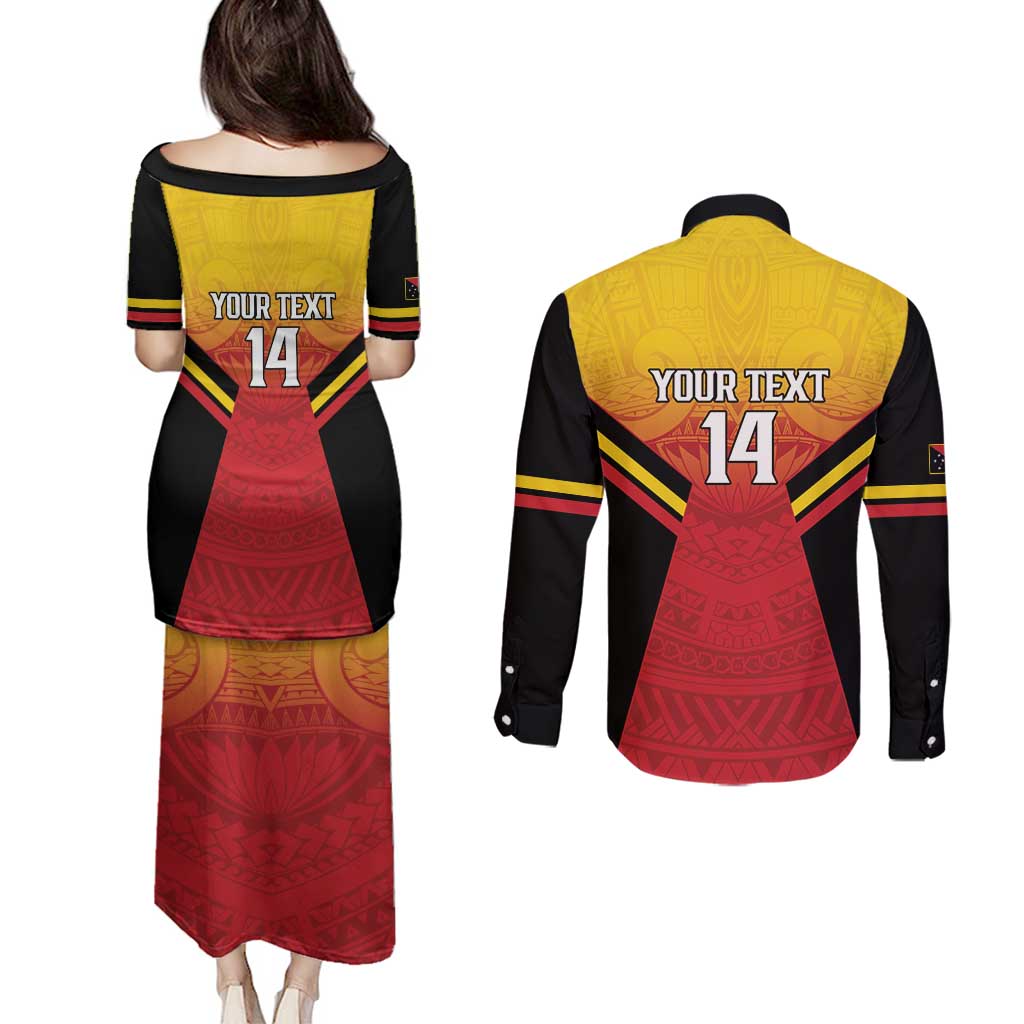 Papua New Guinea Rugby Custom Couples Matching Puletasi and Long Sleeve Button Shirt Go PNG Hunters Polynesian Pattern - Polynesian Pride