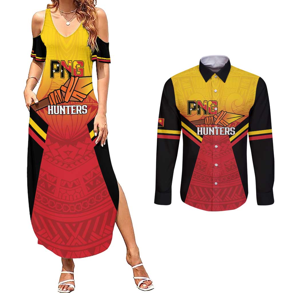 Papua New Guinea Rugby Custom Couples Matching Summer Maxi Dress and Long Sleeve Button Shirt Go PNG Hunters Polynesian Pattern - Polynesian Pride
