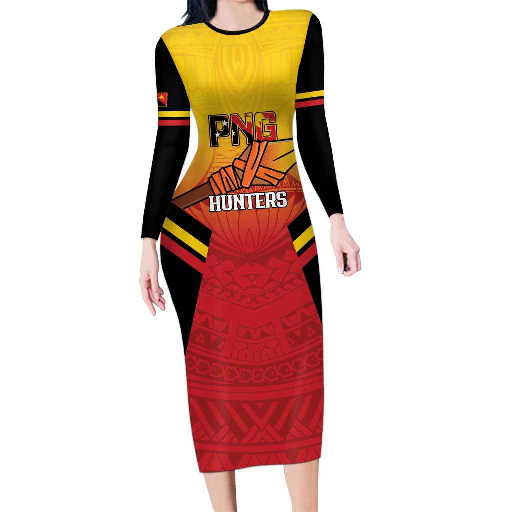 Papua New Guinea Rugby Custom Family Matching Long Sleeve Bodycon Dress and Hawaiian Shirt Go PNG Hunters Polynesian Pattern LT14 Mom's Dress Red - Polynesian Pride