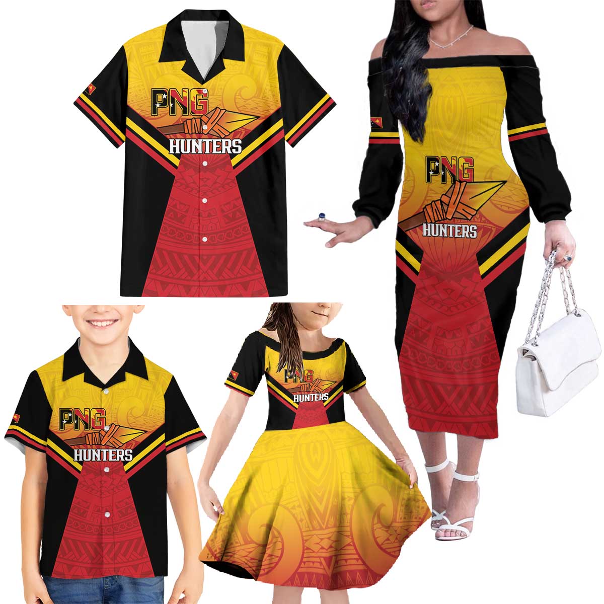 Papua New Guinea Rugby Custom Family Matching Off The Shoulder Long Sleeve Dress and Hawaiian Shirt Go PNG Hunters Polynesian Pattern LT14 - Polynesian Pride