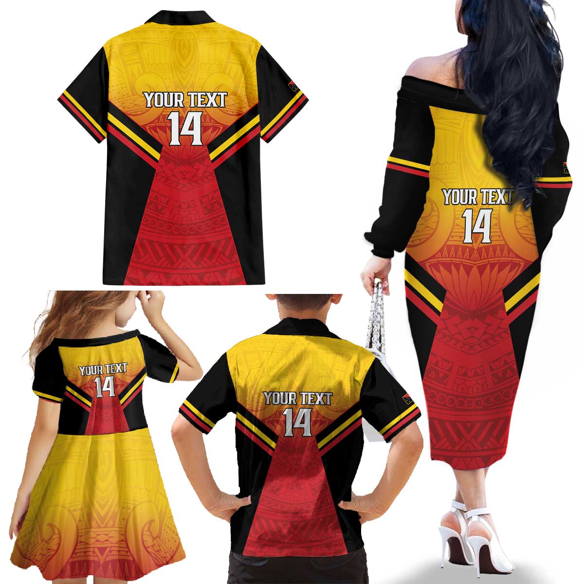 Papua New Guinea Rugby Custom Family Matching Off The Shoulder Long Sleeve Dress and Hawaiian Shirt Go PNG Hunters Polynesian Pattern LT14 - Polynesian Pride