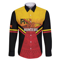 Papua New Guinea Rugby Custom Family Matching Off Shoulder Maxi Dress and Hawaiian Shirt Go PNG Hunters Polynesian Pattern LT14 Dad's Shirt - Long Sleeve Red - Polynesian Pride