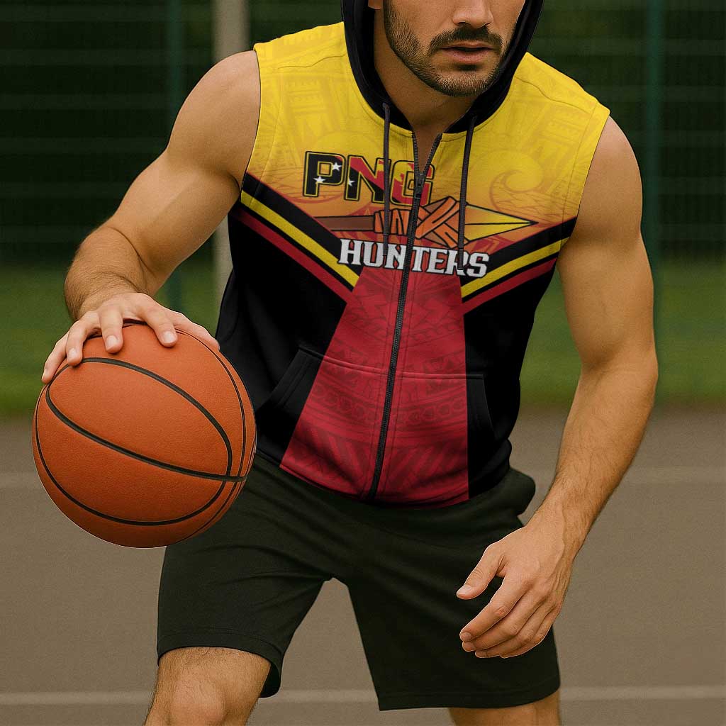 Papua New Guinea Rugby Custom Sleeveless Zip Hoodie Go PNG Hunters Polynesian Pattern - Polynesian Pride