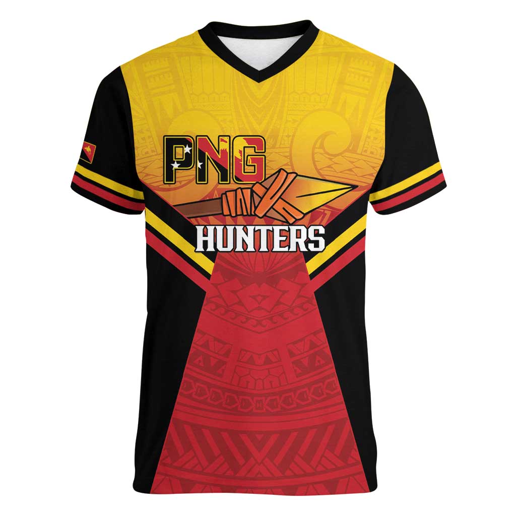 Papua New Guinea Rugby Custom Women V-Neck T-Shirt Go PNG Hunters Polynesian Pattern LT14 Female Red - Polynesian Pride