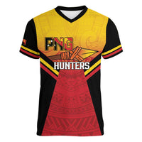 Papua New Guinea Rugby Custom Women V-Neck T-Shirt Go PNG Hunters Polynesian Pattern LT14 Female Red - Polynesian Pride