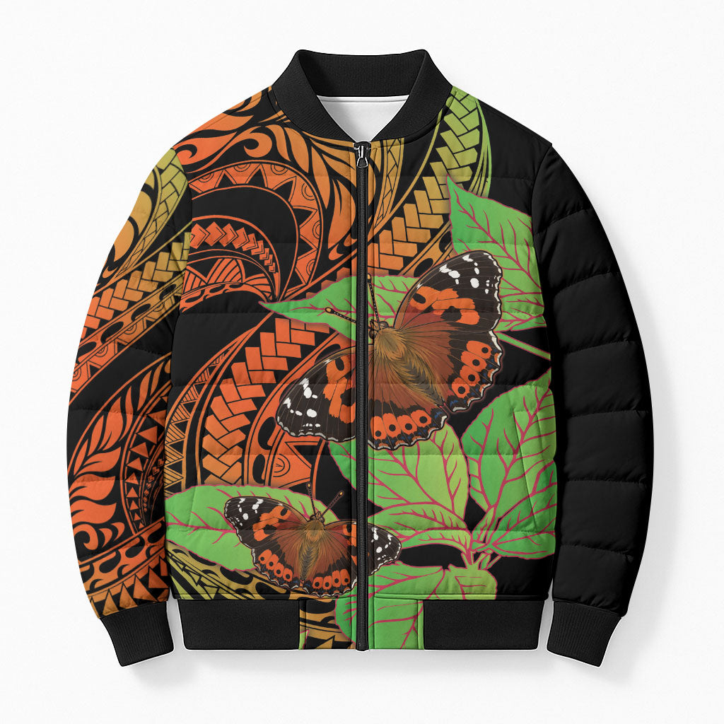 Kamehameha Butterfly Hawaii Bomber Puffer Jacket Hawaiian Pulelehua Mamaki Orange Green Color