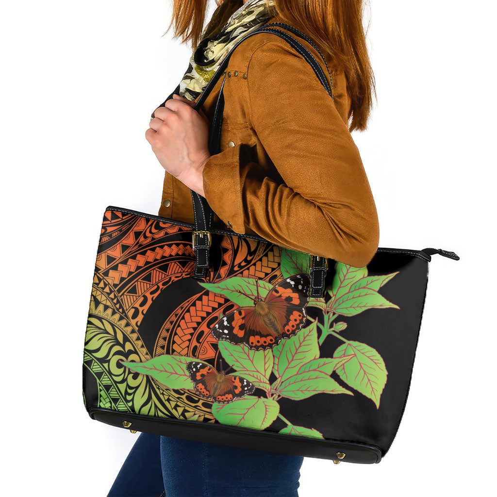 Kamehameha Butterfly Hawaii Leather Tote Bag Hawaiian Pulelehua Mamaki Orange Green Color LT14 Multicolor - Polynesian Pride