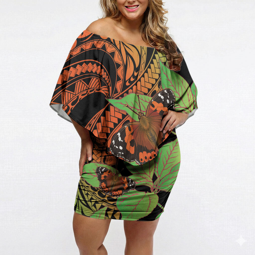 Kamehameha Butterfly Hawaii Off Shoulder Short Dress Hawaiian Pulelehua Mamaki Orange Green Color