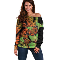 Kamehameha Butterfly Hawaii Off Shoulder Sweater Hawaiian Pulelehua Mamaki Orange Green Color