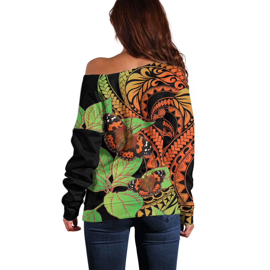 Kamehameha Butterfly Hawaii Off Shoulder Sweater Hawaiian Pulelehua Mamaki Orange Green Color