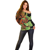 Kamehameha Butterfly Hawaii Off Shoulder Sweater Hawaiian Pulelehua Mamaki Orange Green Color