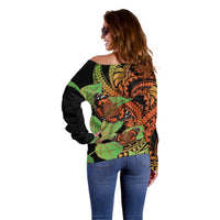 Kamehameha Butterfly Hawaii Off Shoulder Sweater Hawaiian Pulelehua Mamaki Orange Green Color