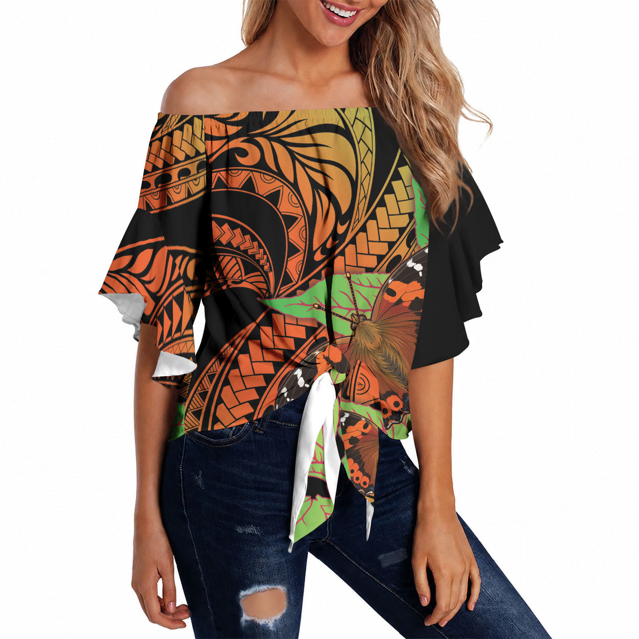Kamehameha Butterfly Hawaii Off Shoulder Wrap Waist Top Hawaiian Pulelehua Mamaki Orange Green Color