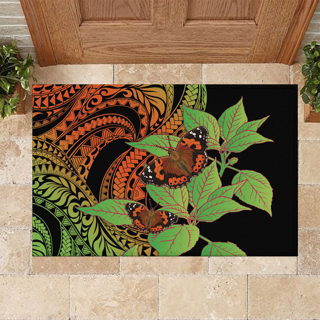 Kamehameha Butterfly Hawaii Rubber Doormat Hawaiian Pulelehua Mamaki Orange Green Color