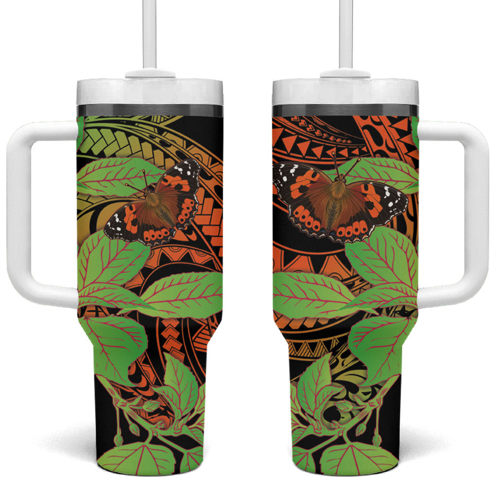 Kamehameha Butterfly Hawaii Tumbler With Handle Hawaiian Pulelehua Mamaki Orange Green Color