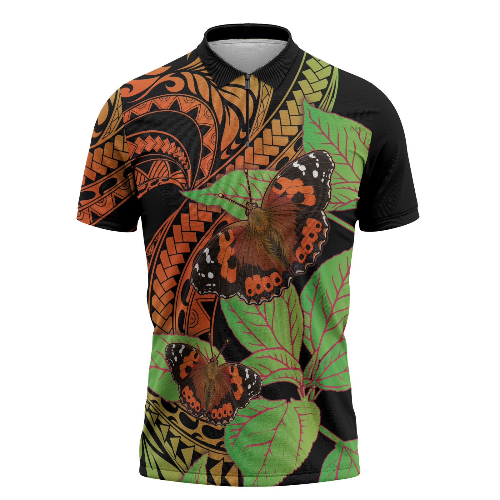 Kamehameha Butterfly Hawaii Zipper Polo Shirt Hawaiian Pulelehua Mamaki Orange Green Color LT14 Multicolor - Polynesian Pride