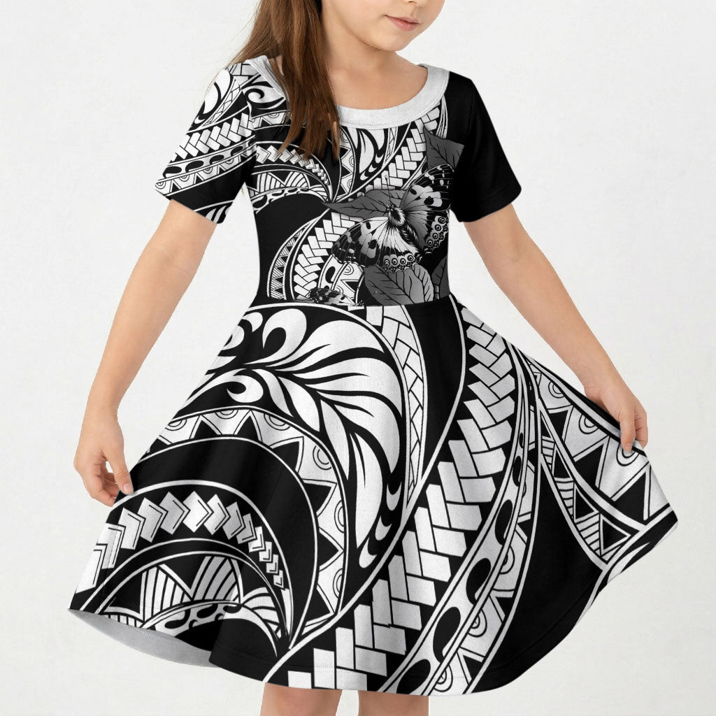 Kamehameha Butterfly Hawaii Kid Short Sleeve Dress Hawaiian Pulelehua Mamaki Black Color