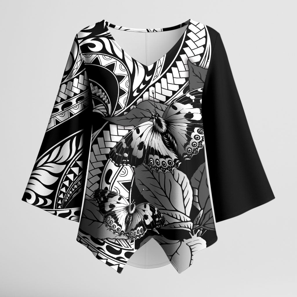 Kamehameha Butterfly Hawaii Kimono Sleeve Blouse Hawaiian Pulelehua Mamaki Black Color LT14 Female Black - Polynesian Pride