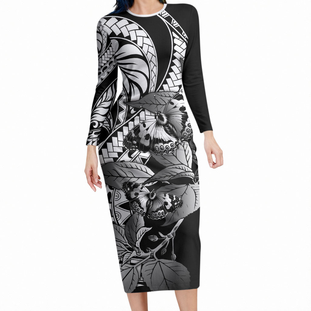 Kamehameha Butterfly Hawaii Long Sleeve Bodycon Dress Hawaiian Pulelehua Mamaki Black Color
