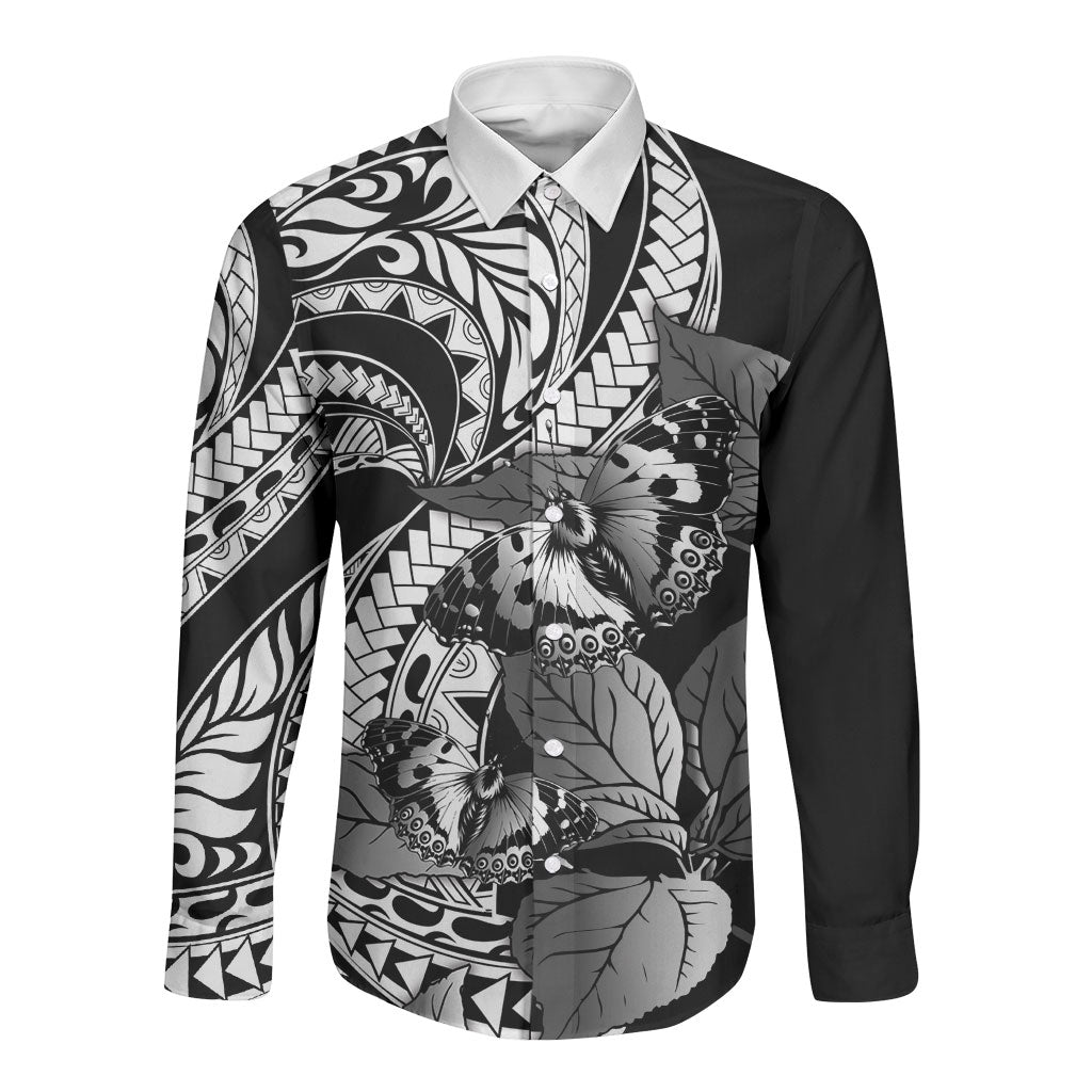 Kamehameha Butterfly Hawaii Long Sleeve Button Shirt Hawaiian Pulelehua Mamaki Black Color LT14 Unisex Black - Polynesian Pride