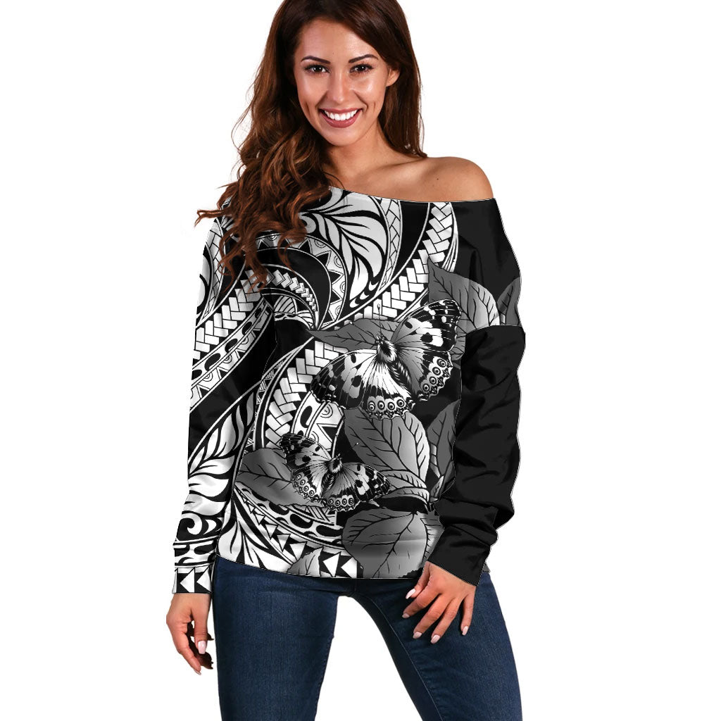 Kamehameha Butterfly Hawaii Off Shoulder Sweater Hawaiian Pulelehua Mamaki Black Color LT14 Women Black - Polynesian Pride